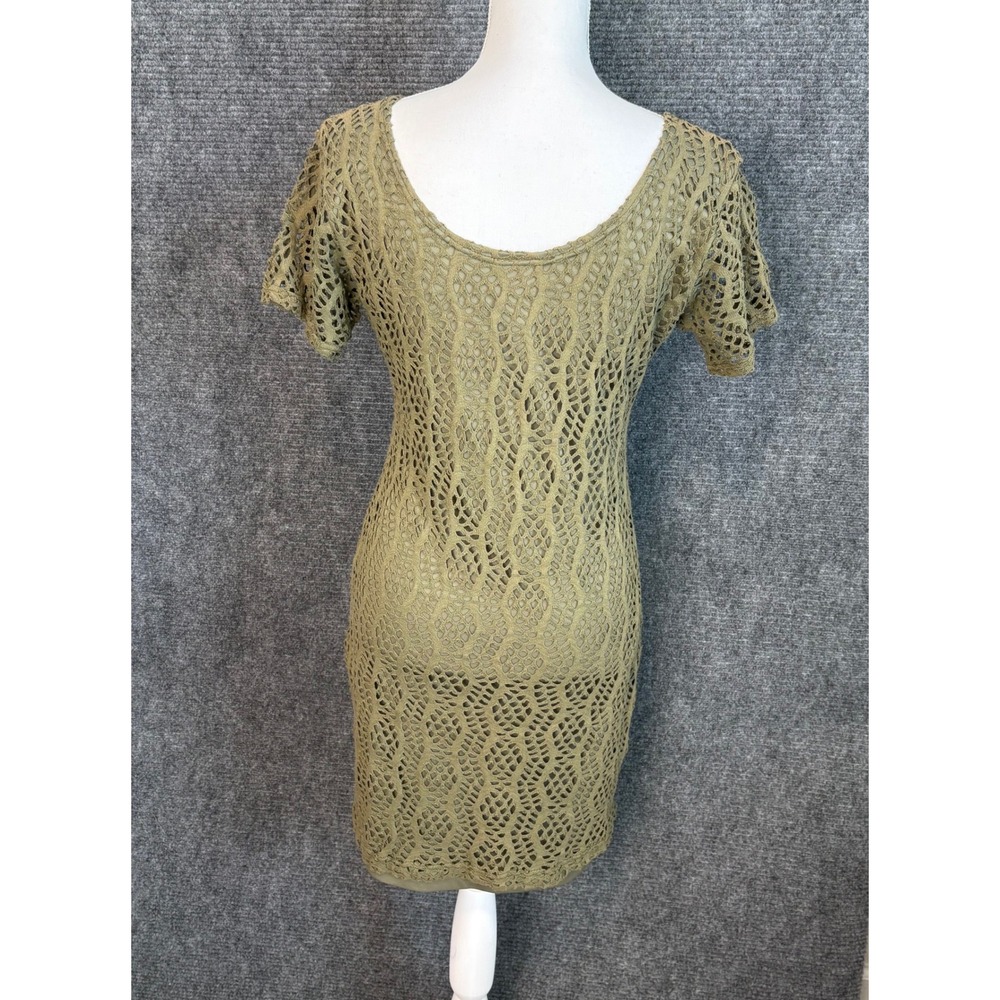 VTG Top Style Women Crochet Knit Mini Dress Olive Green Short Sleeve Lined Large - Picture 3 of 5